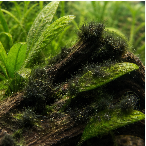 Crne čupave alge noires sur une racine d'aquarium
