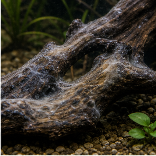 Biofilm blanc léger sur une racine neuve d'aquarium